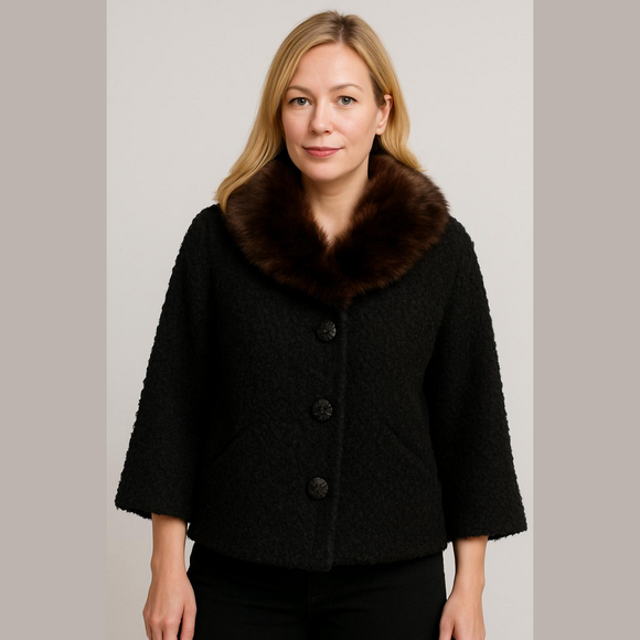 Vintage Winter Black Boucle Knit Brown Mink Collar Short Jacket Button Front S - Picture 1 of 12